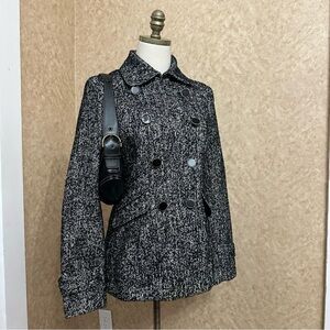 Gray Black & White Tweed Button Up Peacoat Trench Coat Jacket